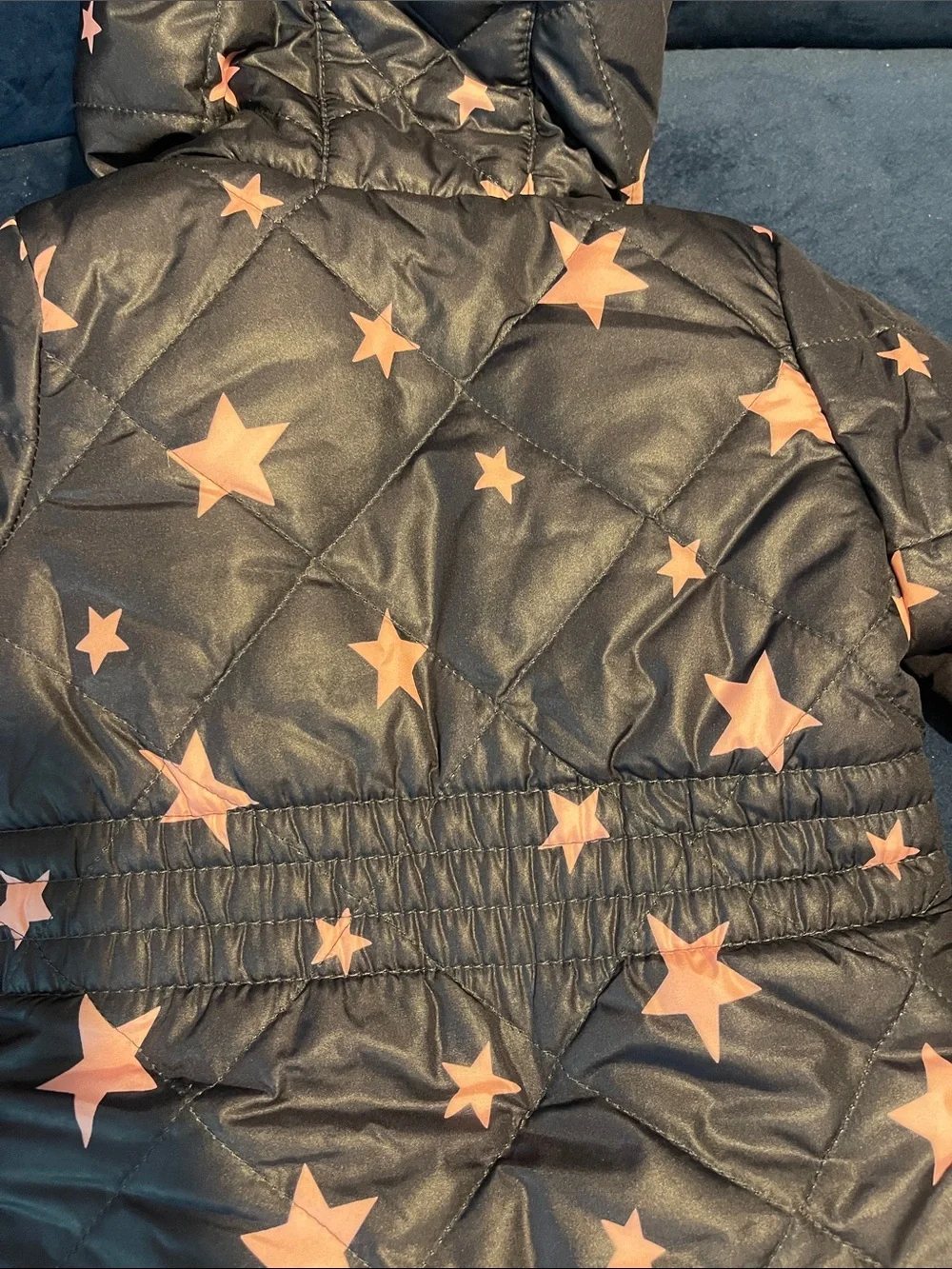 Girls Navy Puffer Jacket with Pink Star Print and Lining